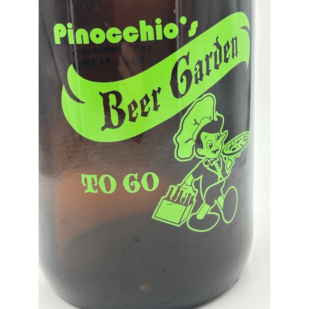 Pinocchios Beer Garden 64oz Amber Glass Growler Media PA Vintage Beer‎ Jug Pizza